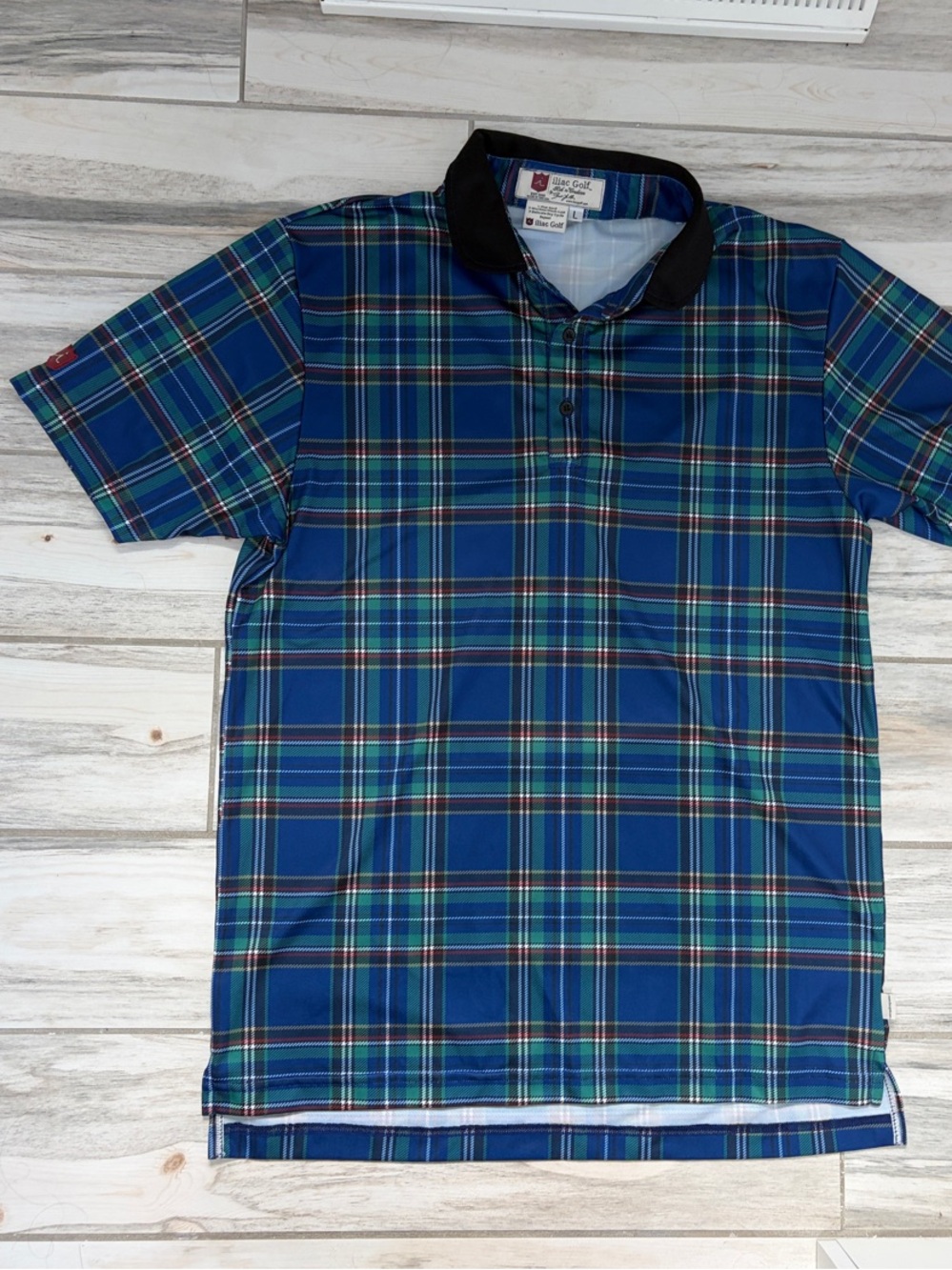 iliac Golf Men's Blue Plaid Short-Sleeve Polo with Black Collar - Large